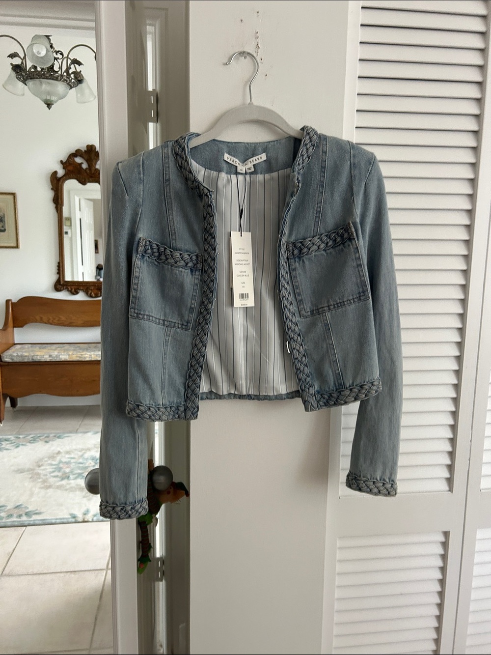 Veronica Beard Light Blue Braided-Trim Denim Jacket